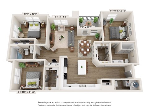 Floor plan for 3 beds, 2 baths, 1378 sqft